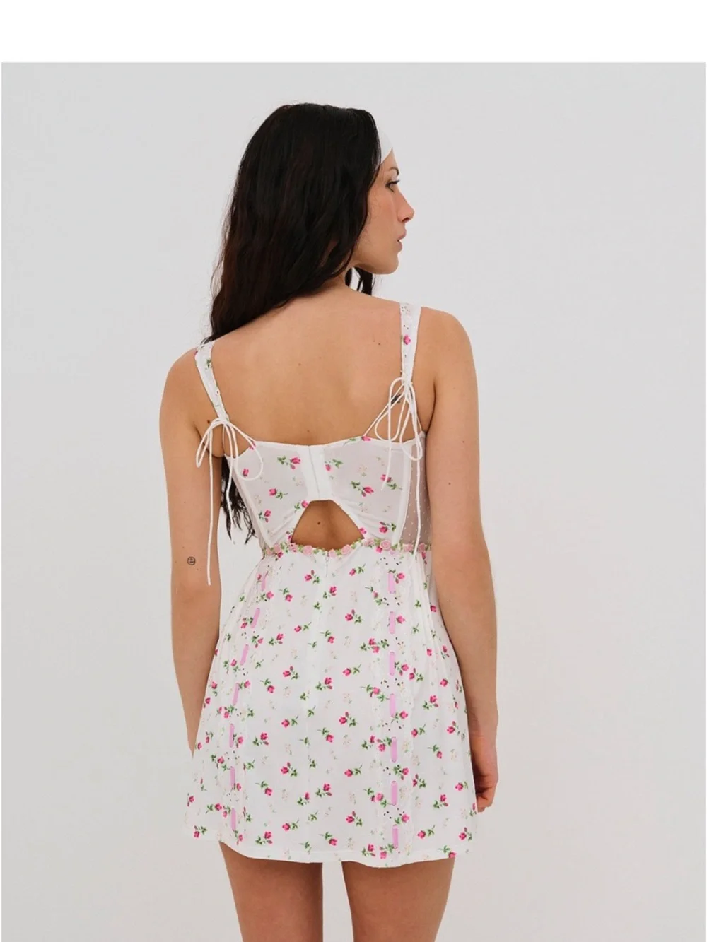 For Love And Lemons White Slip Dress with Pink Rose Embroidery - Picture 4 of 5
